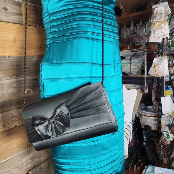 Satin Evening Purse - Black Bow, Snap Closure, Rope Handle - Picture 10 of 10